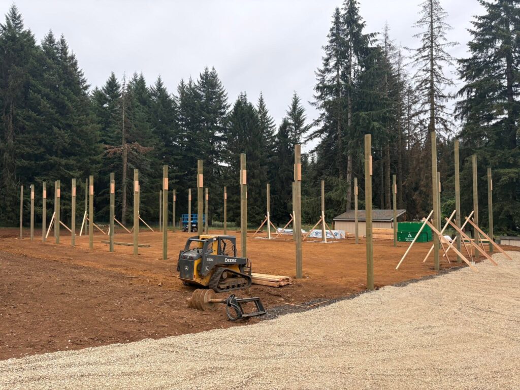 Construction site with numerous vertical wooden posts and a small orange skid steer on red dirt, forest behind.