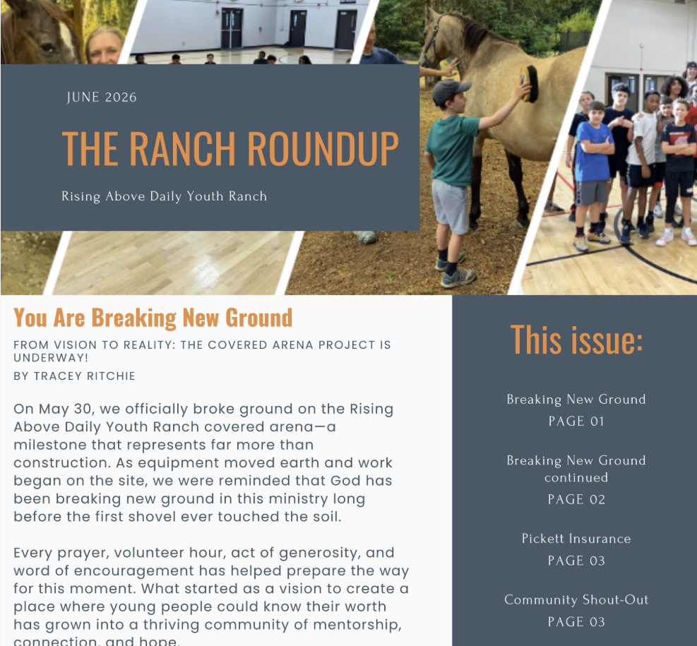 Cover of The Ranch Roundup newsletter, June 2026, with a horse-and-youth collage and a blue title panel reading 'THE RANCH ROUNDUP'